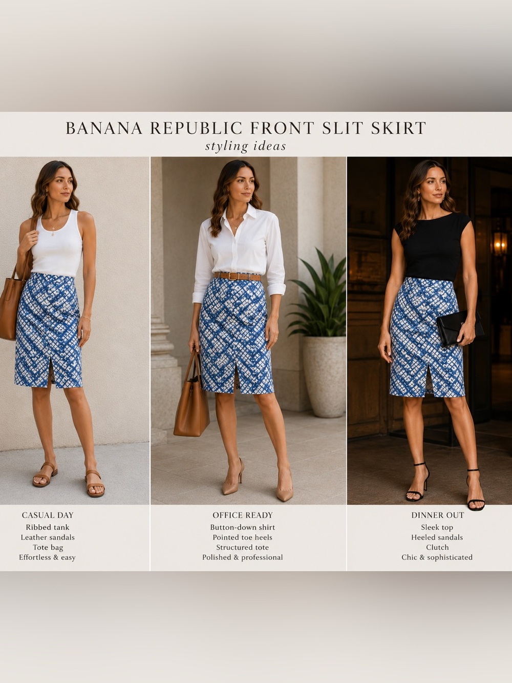 Banana Republic Blue and White Front-Slit Midi Skirt